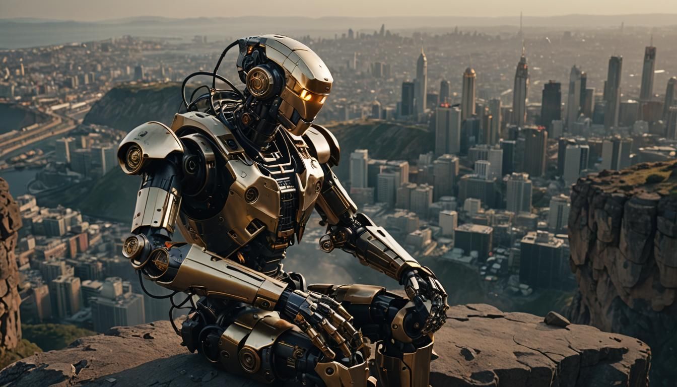 Futuristic Robot on Cliff in Cinematic Film Still