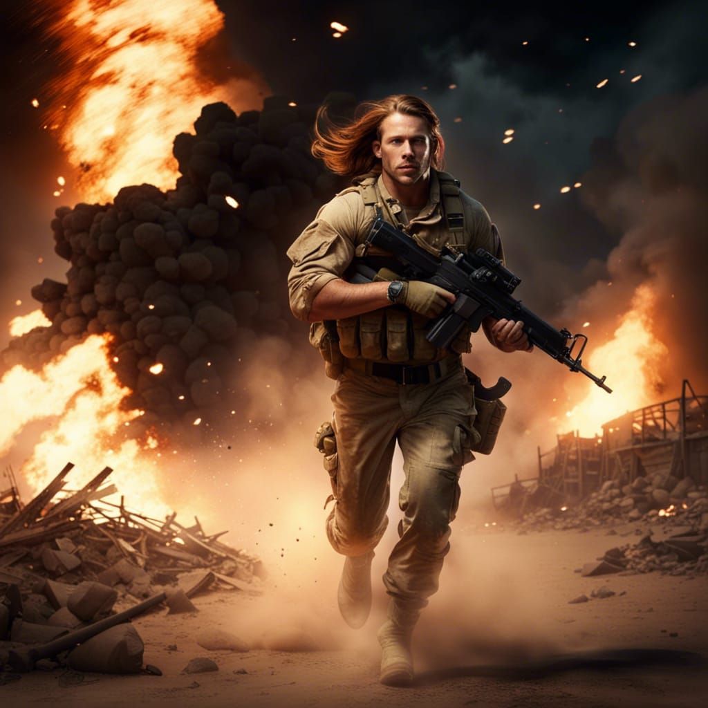 American Soldier Runs Through Burning Village