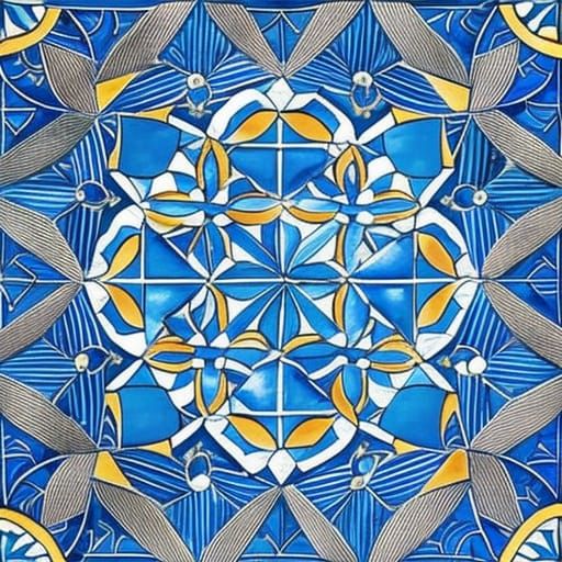 Geometric Azulejo Tile Art in Blue Hues
