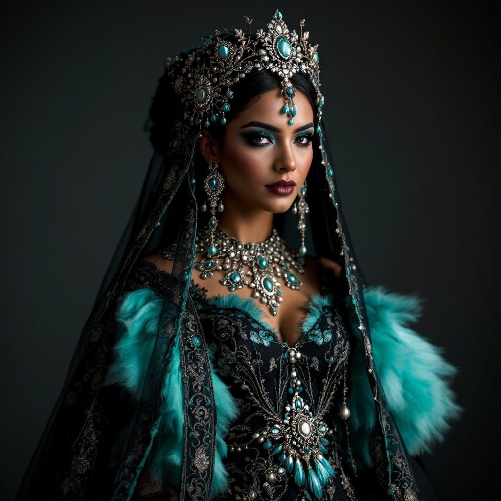 Elegant Woman in Turquoise Wedding Attire with Ornate Jewels