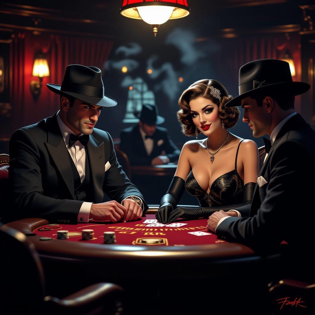 1920s Gambling Den Blackjack Game in Dark Fantasy Style