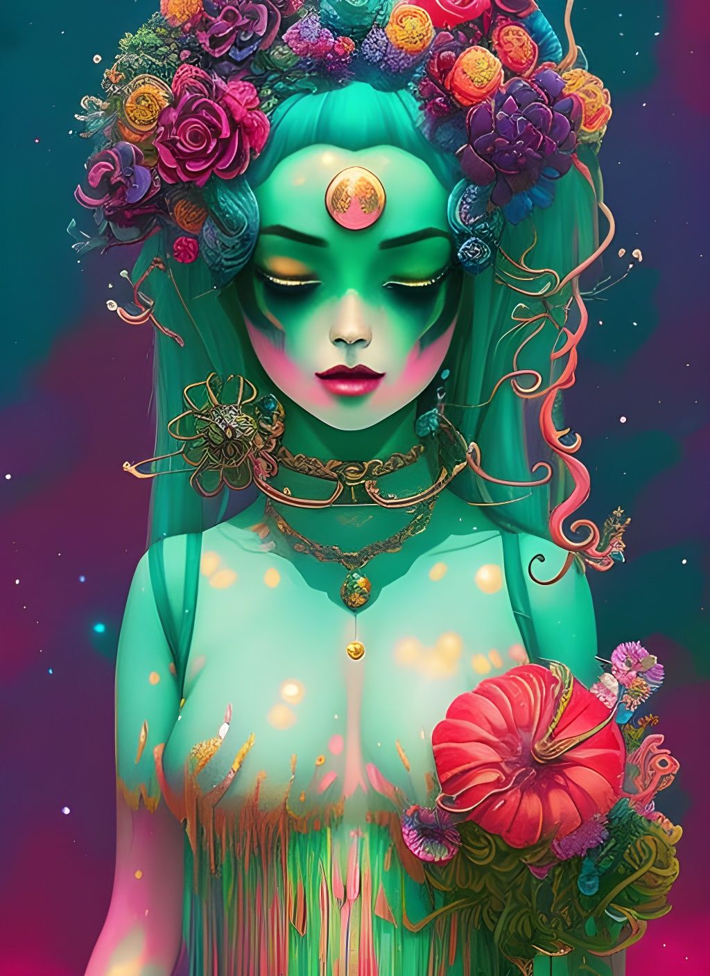 Slime Goddess Flowerpunk in Deep Watercolor Style