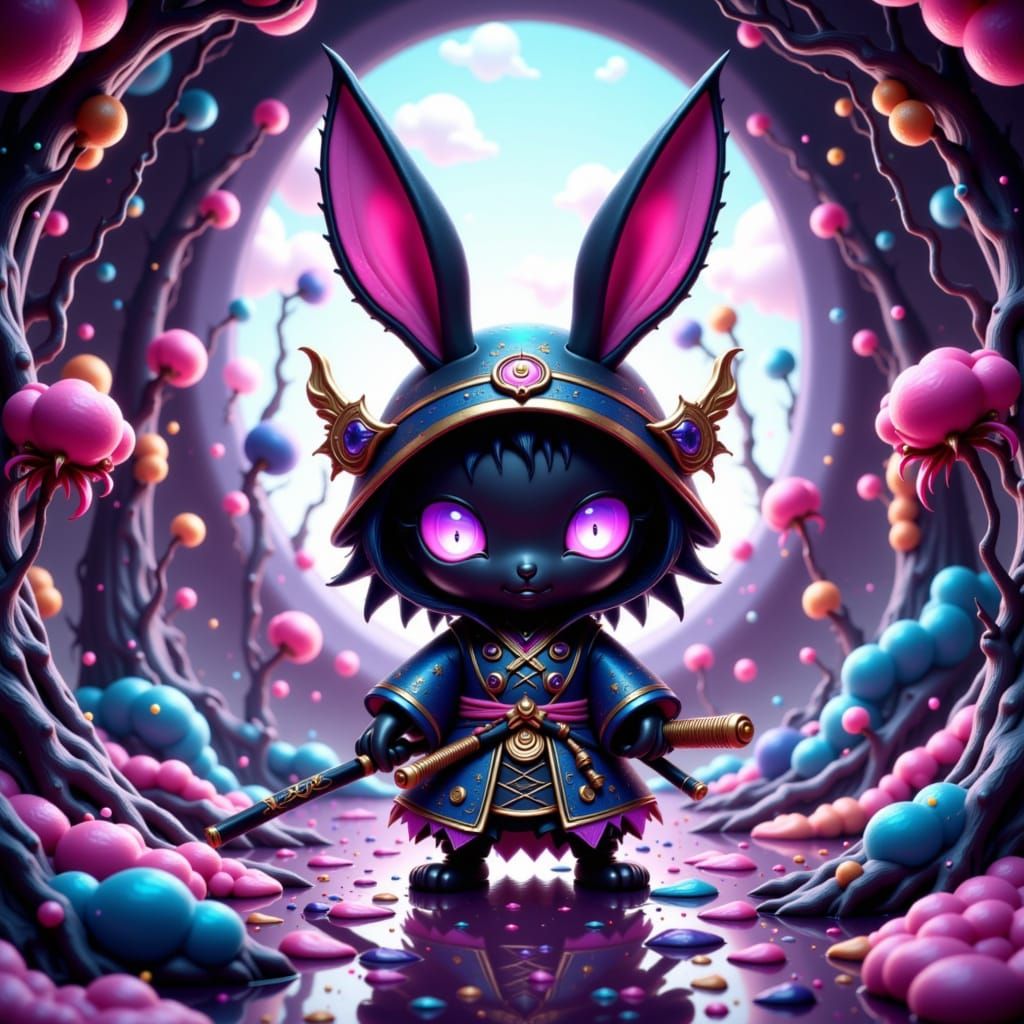 Cartoon Bunny Samurai in Fantasy Dojo, Murakami Style