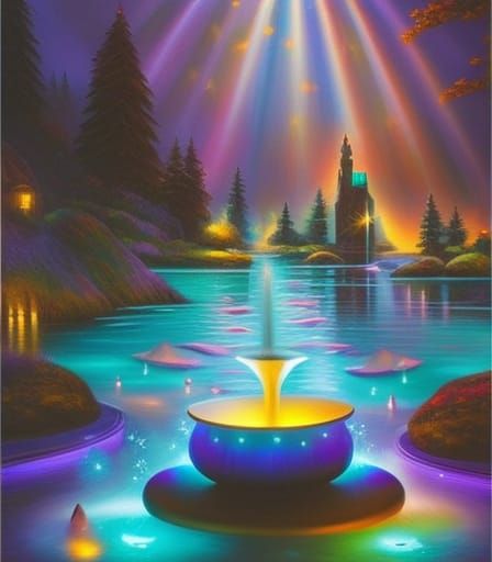 Mysterious Elf Fountain in Retro Neon Style