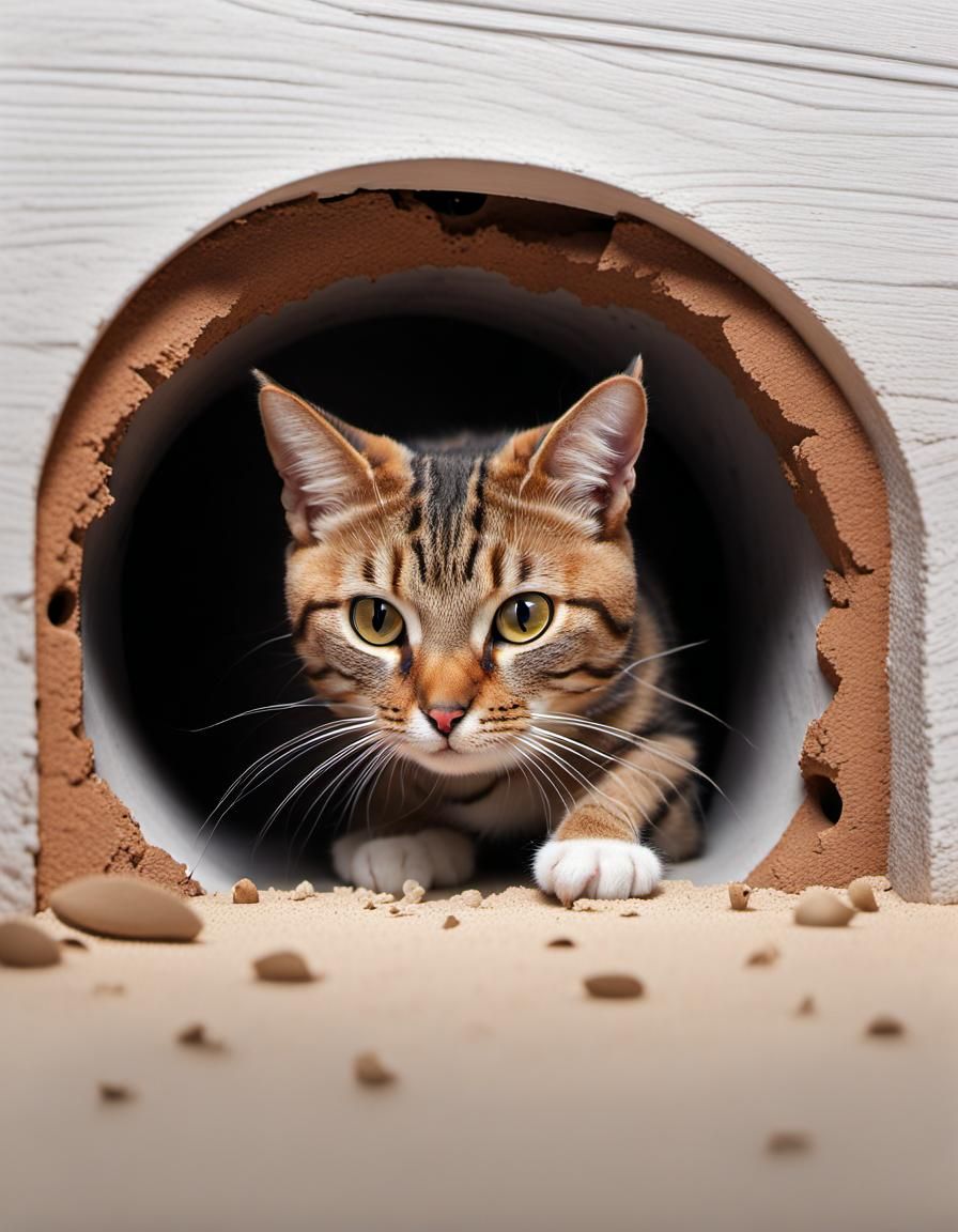 Hyperrealistic Cat Aims Shotgun at Mouse Hole