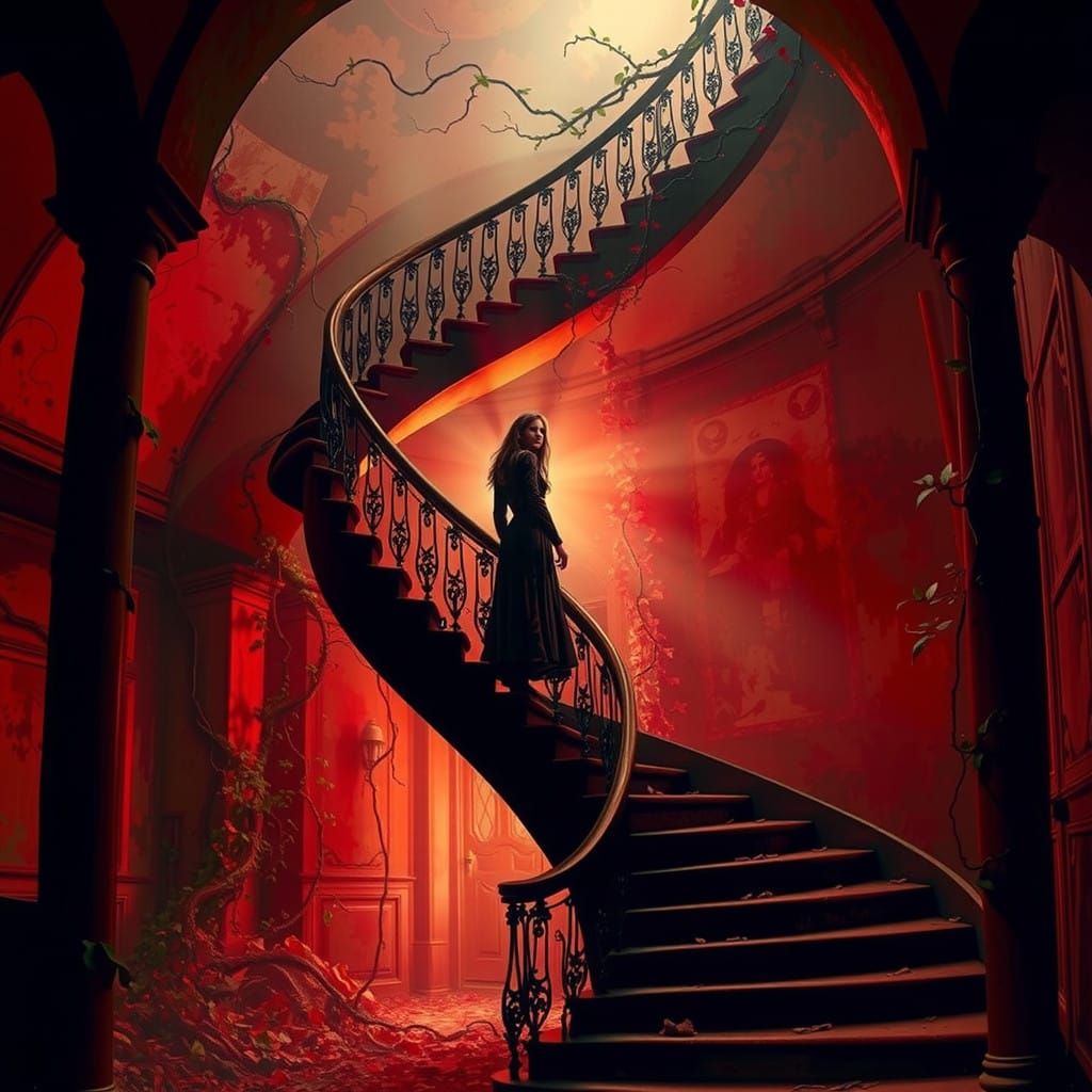 Ethereal Woman in Darkness, Grand Staircase in Red Glow