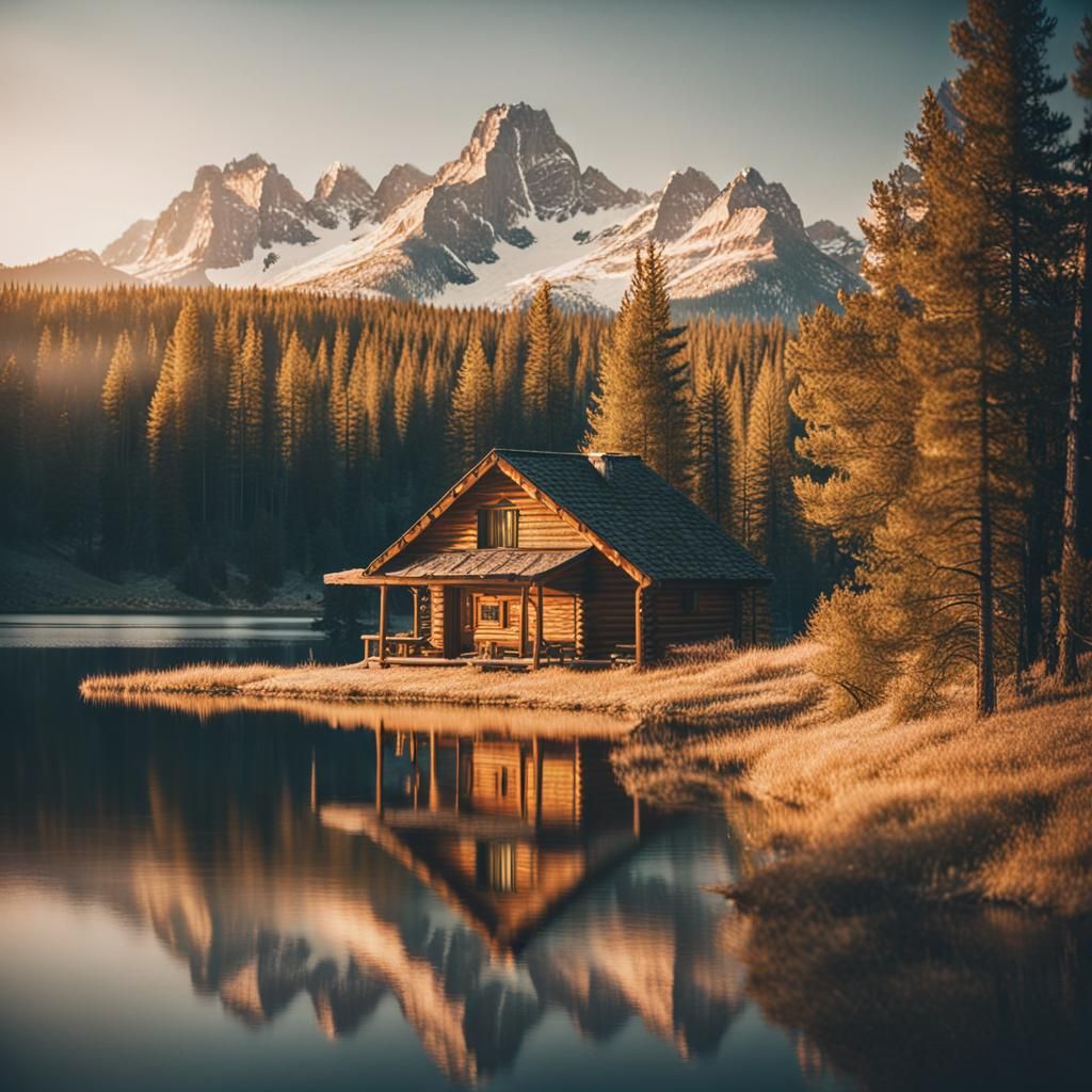 Wyoming Cabin: Serene Mountain Lake View at Golden Hour