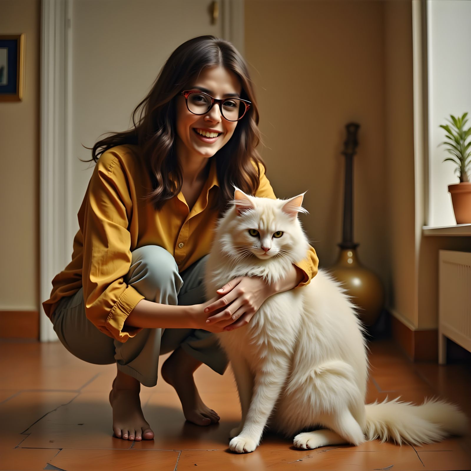 Surreal Woman Cherishes Feline Companion in Warm, Cozy Atmos...