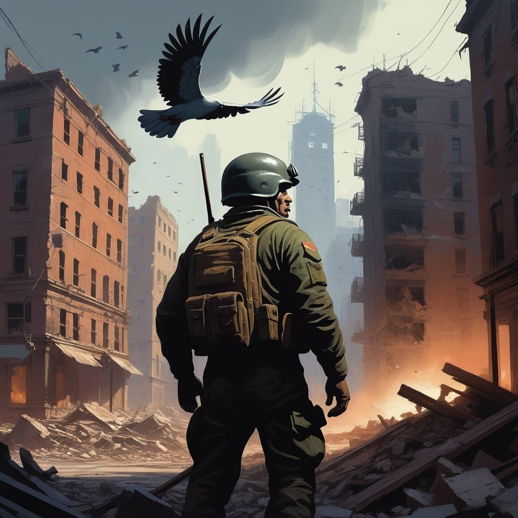 Hope Amidst Destruction: Soldier and Flying Dove in War-Torn...