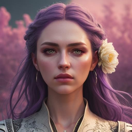 Hyperrealistic Purple-Haired Woman in Sharp Focus