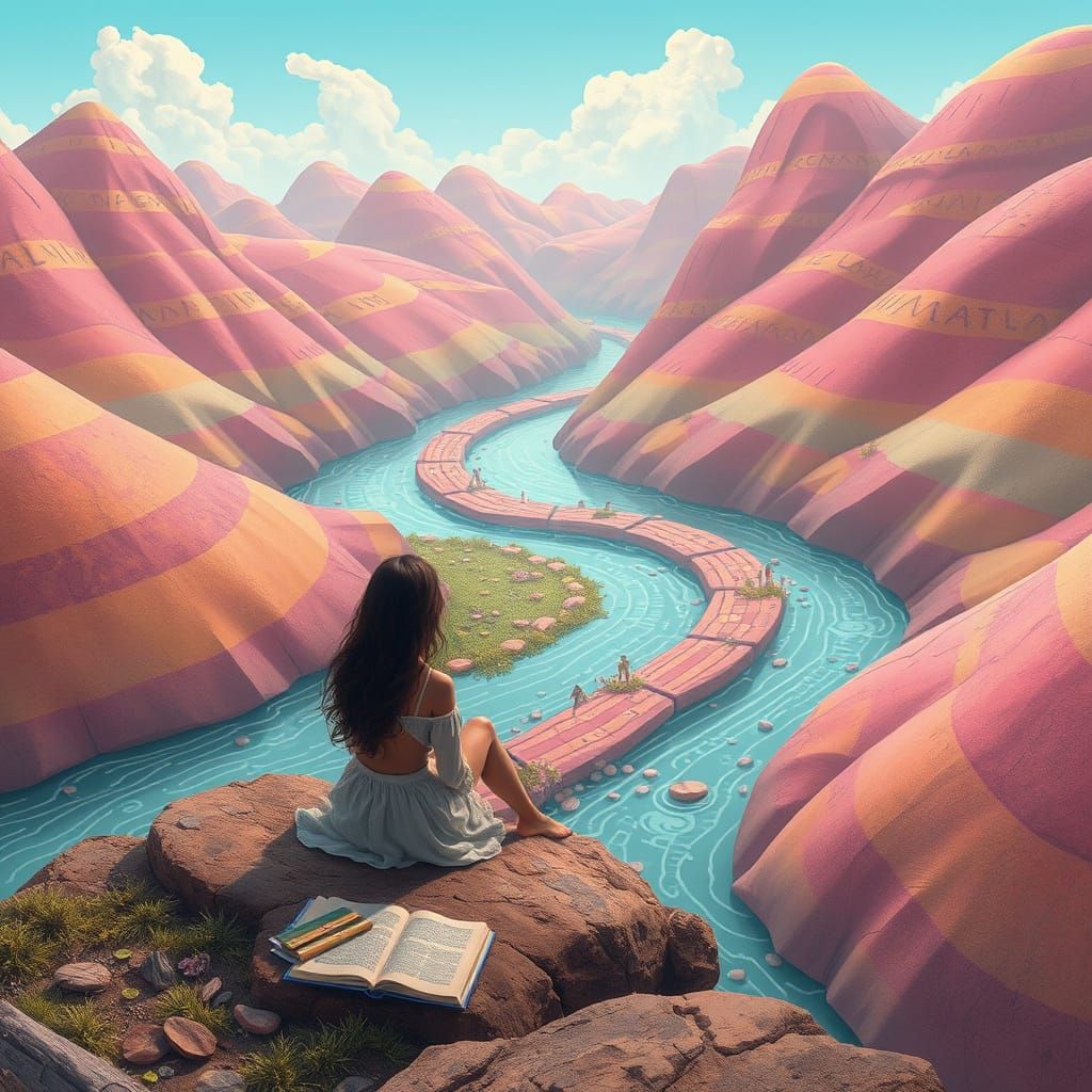 Woman by Chocolate River Amidst Gumdrop Hills in Whimsical S...
