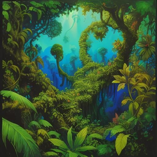 Plant with Legs Walks Through Jungle in Surreal Oil Painting