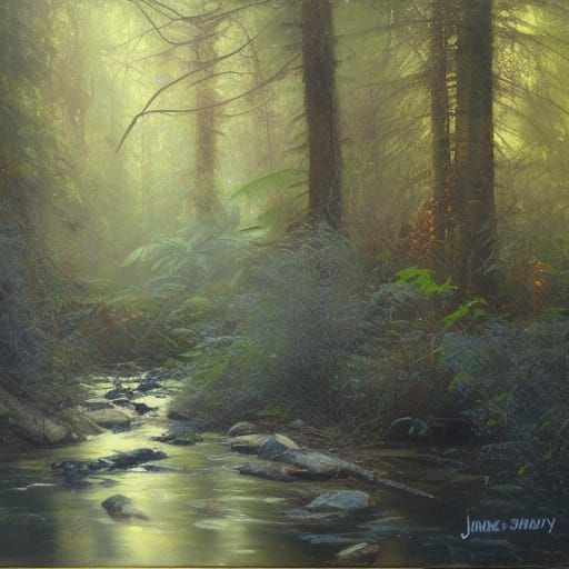 Forest Stream Oil Painting on Canvas