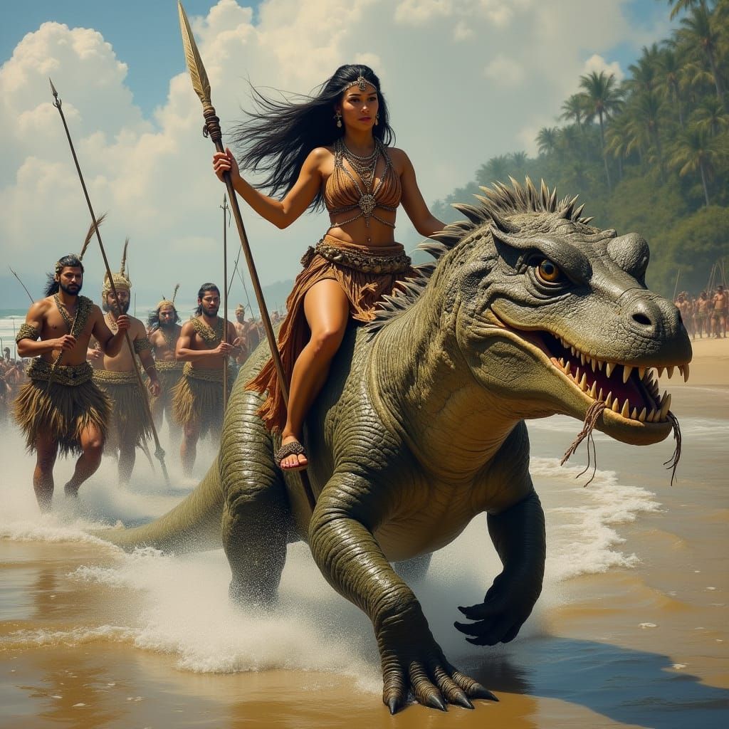 Polynesian Princess Leading Warriors on Komodo Dragon