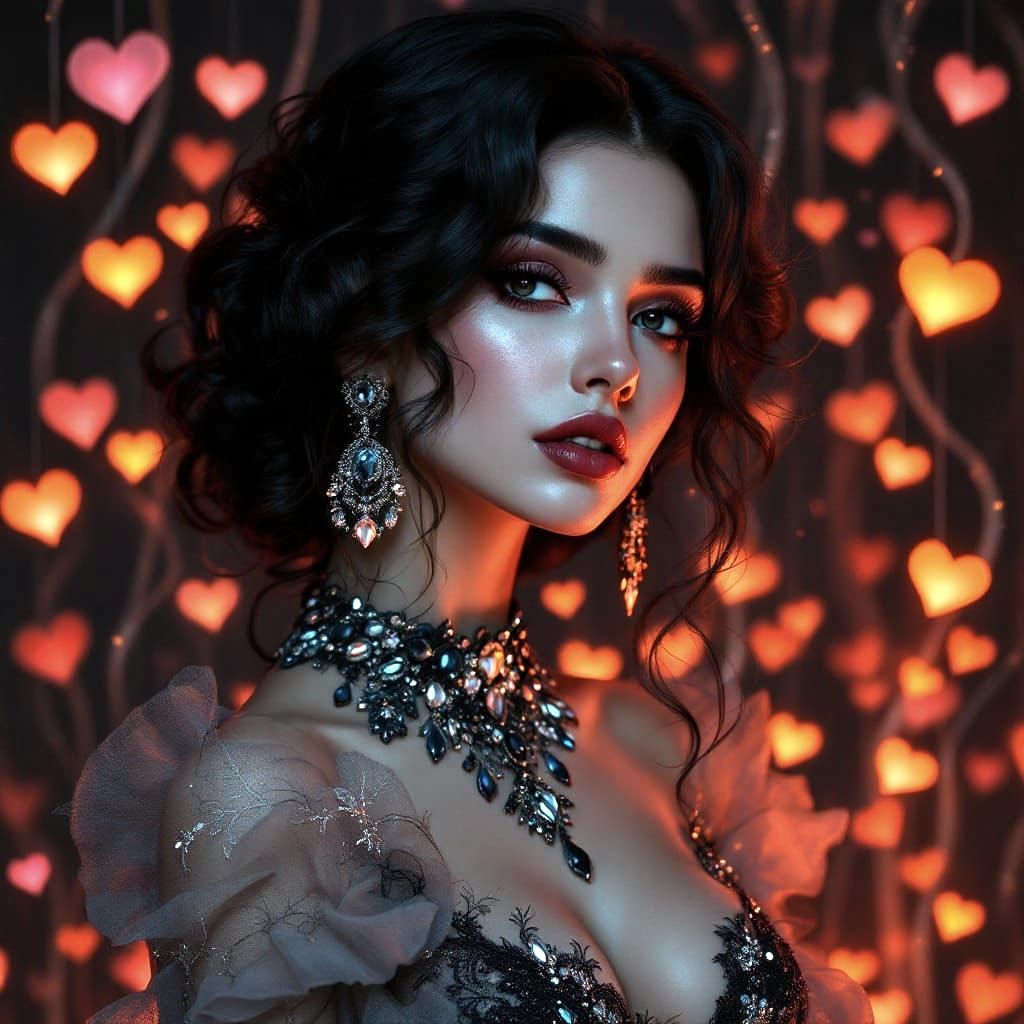 Gothic Romance Portrait of a Woman in a Cascade of Hearts