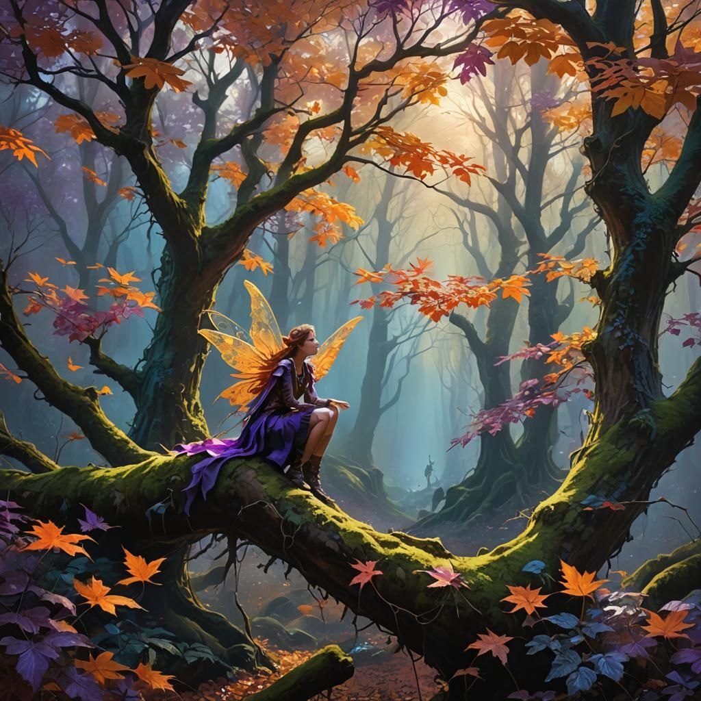 Fantasy Fairy in Autumn Forest, Digital Painting