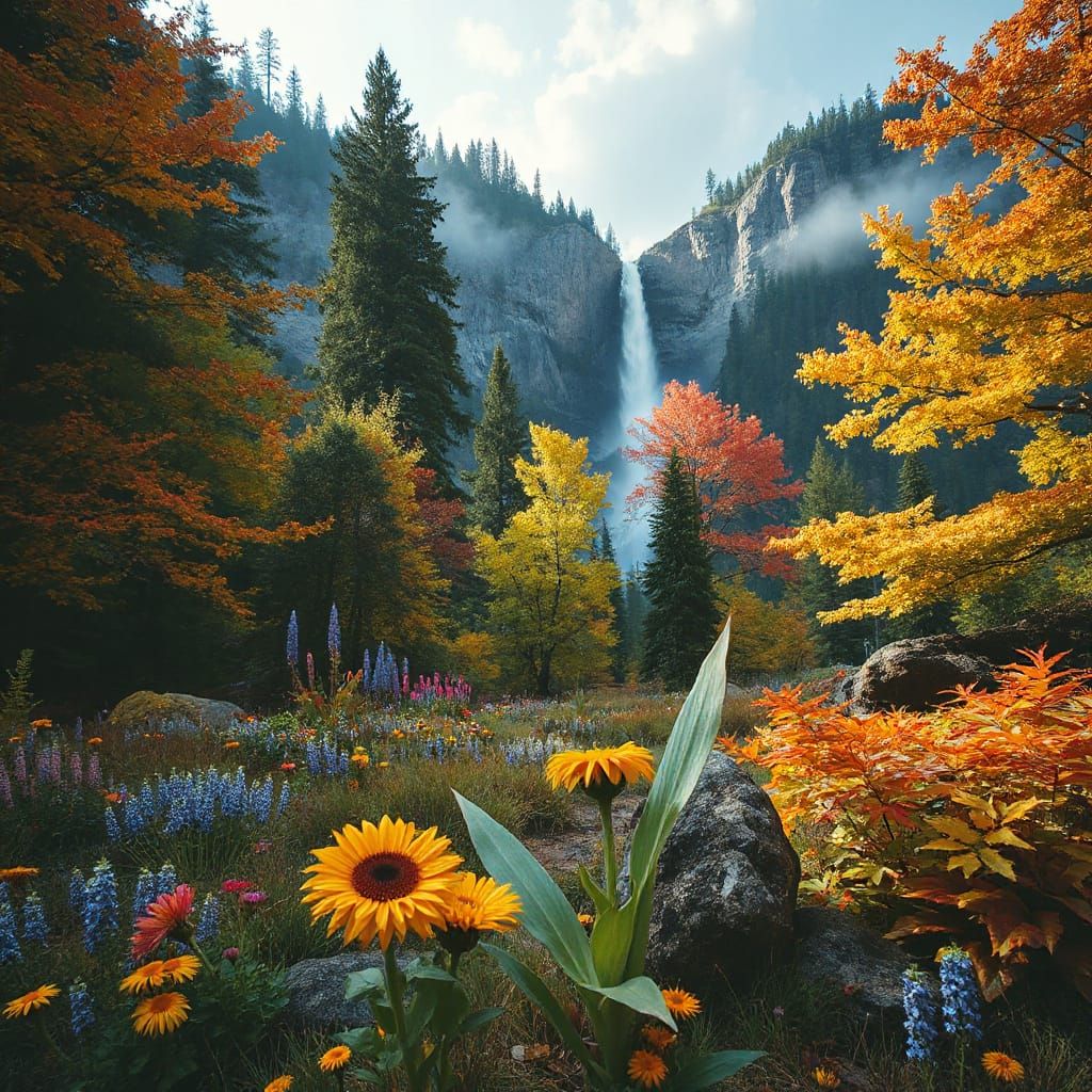 Fantasy Forest Landscape with Majestic Waterfall