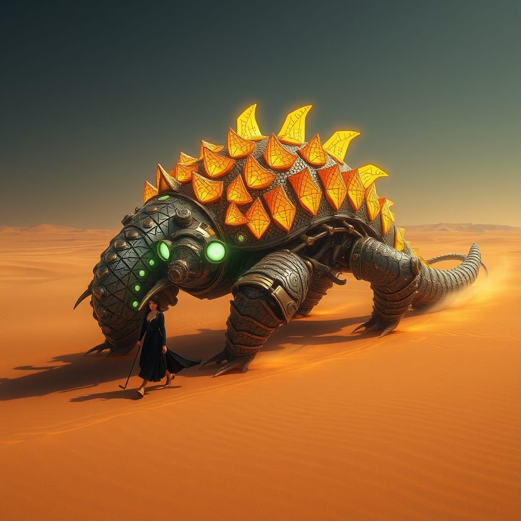 Steampunk Armadillo Vehicle in a Glowing Desert