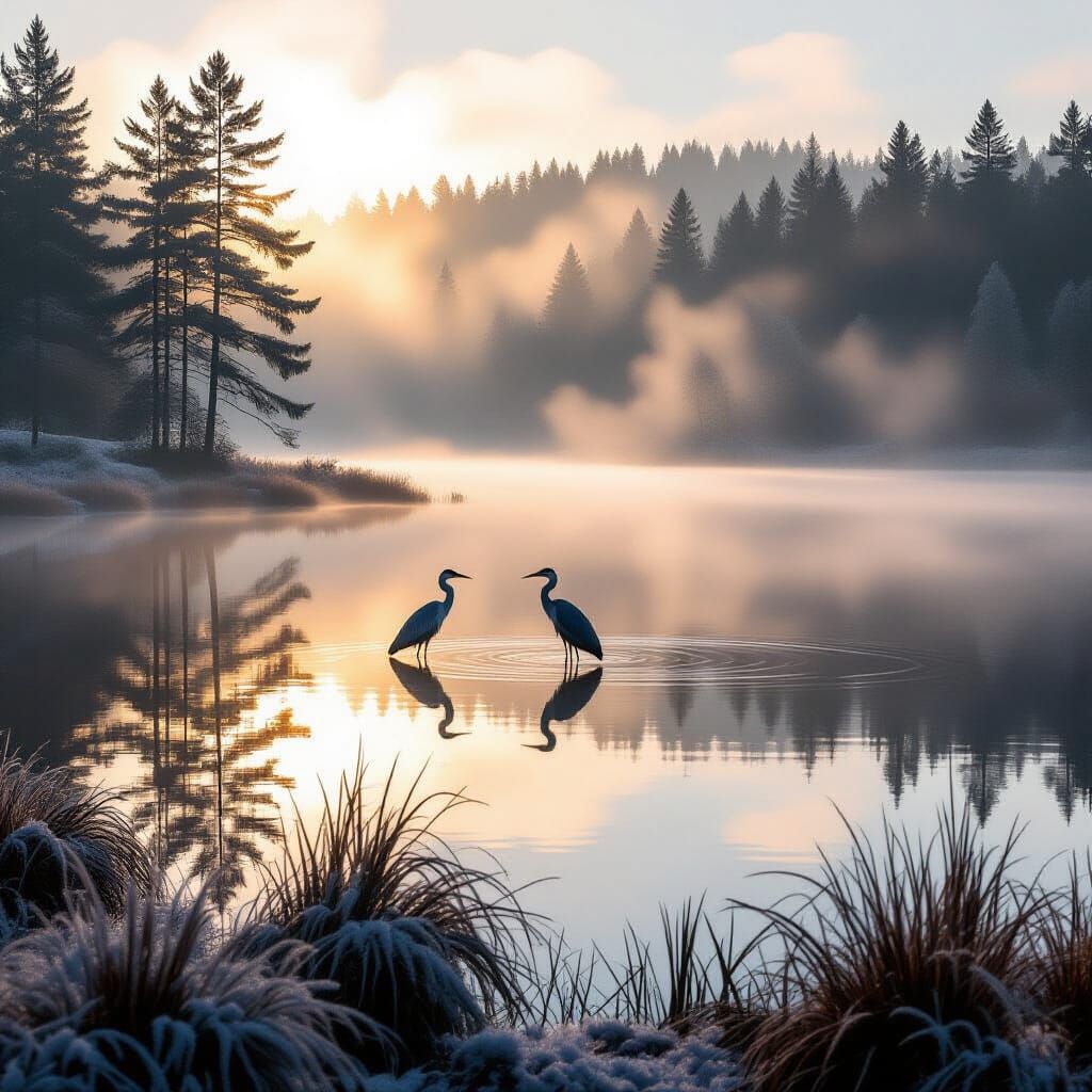 Misty Morning Lake with Heron, Ethereal Sunlight