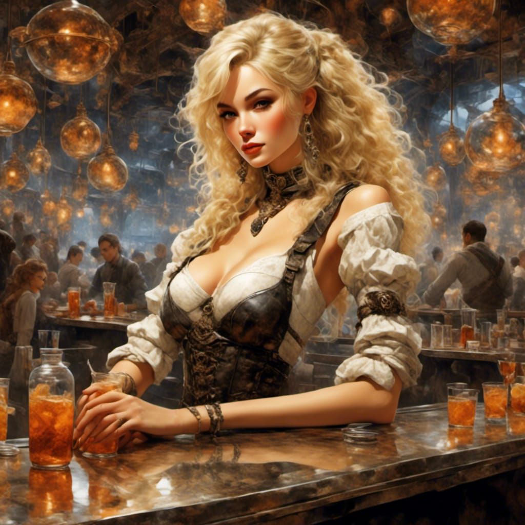 Blonde Bartender in Space Cafe: Detailed Render
