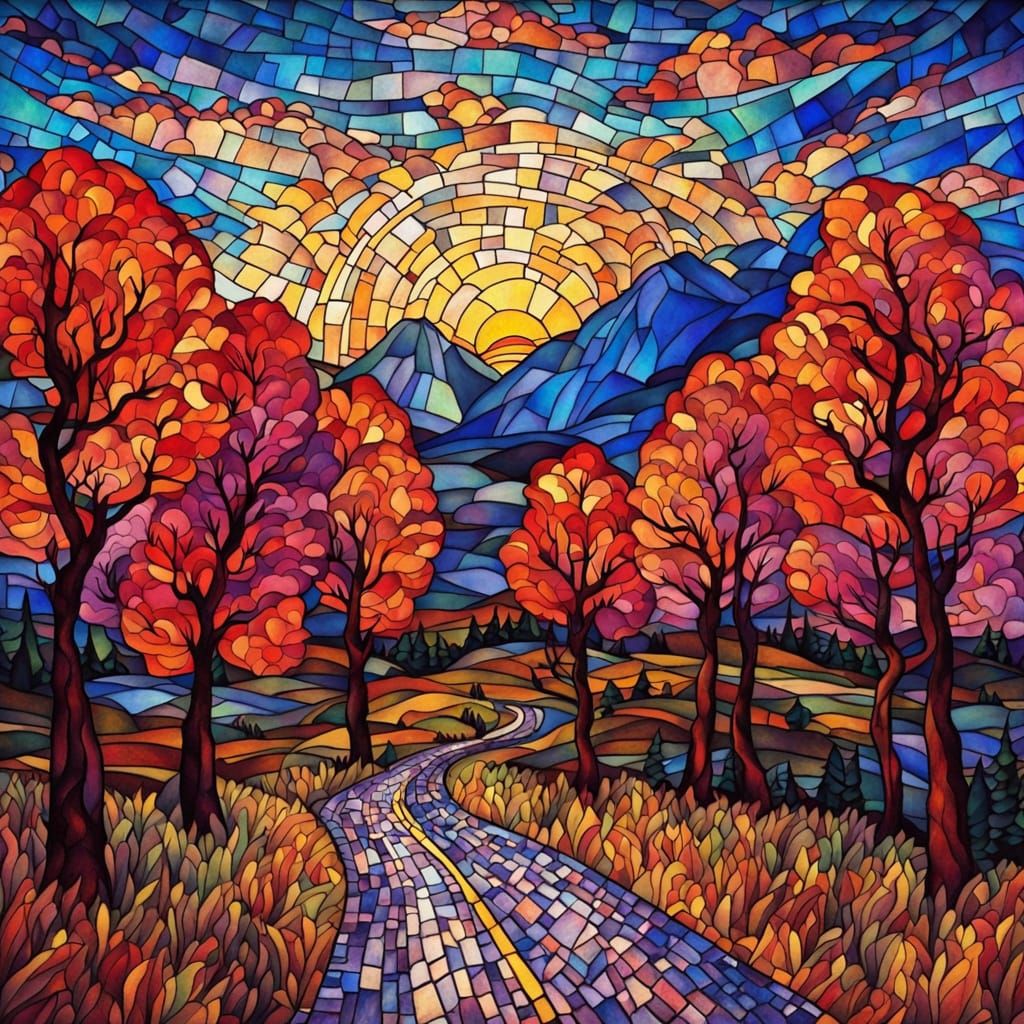 Open Road at Sunset in Stained Glass Mosaic Style