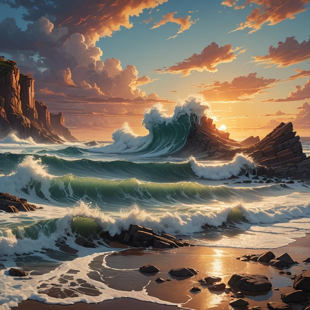 Majestic Wave Merges with Sunrise: Digital Matte Painting