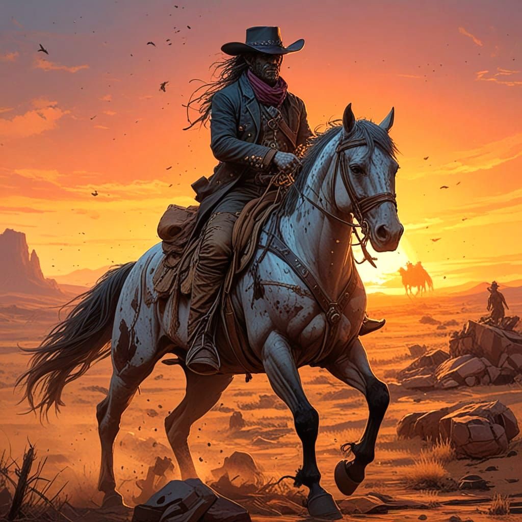 Undead Cowboy Rides Across a Haunted Sunset Battlefield
