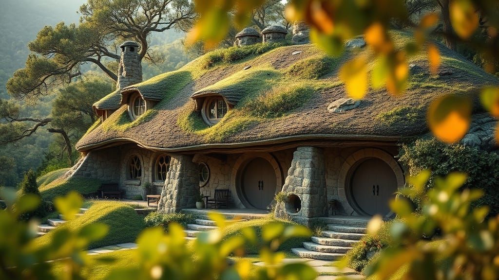 Whimsical Hobbit House Amidst Lush Greenery in Photorealisti...