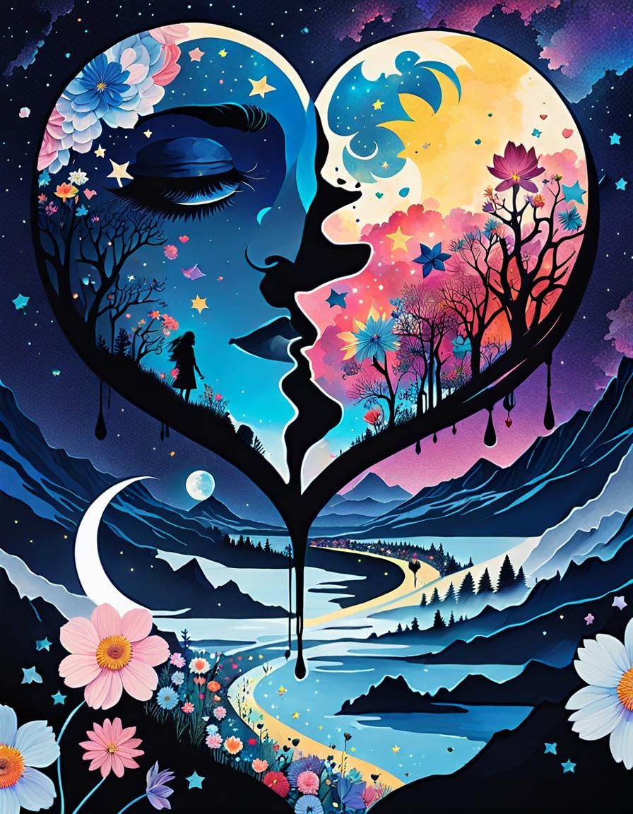 Surreal Heart Collage with Anime Elements