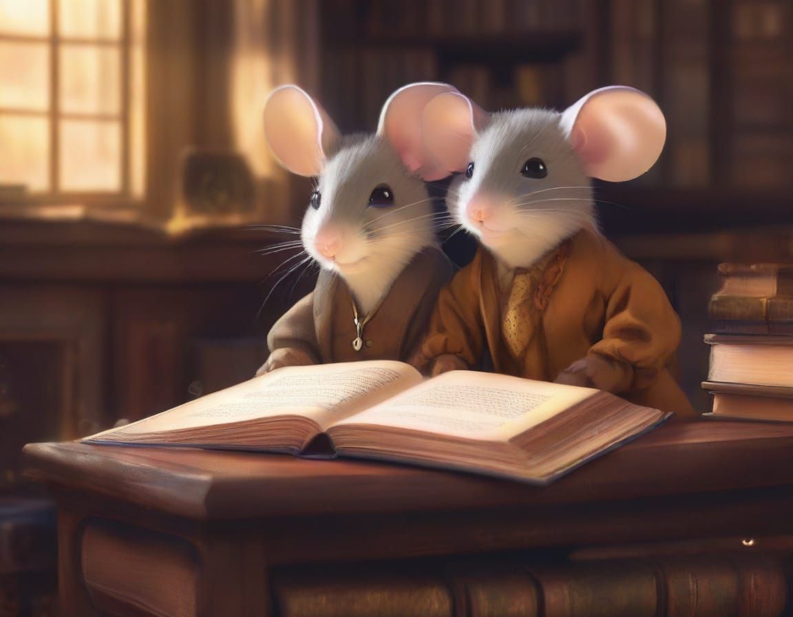 Charming Mouse Magician in Whimsical Library Illustration