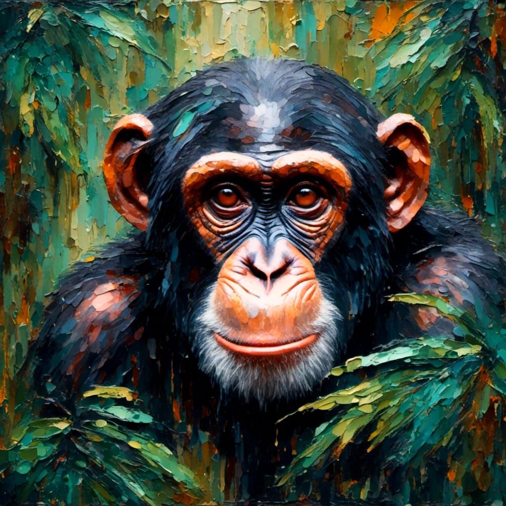 Sad Chimpanzee in Jungle, Impasto Oil Painting