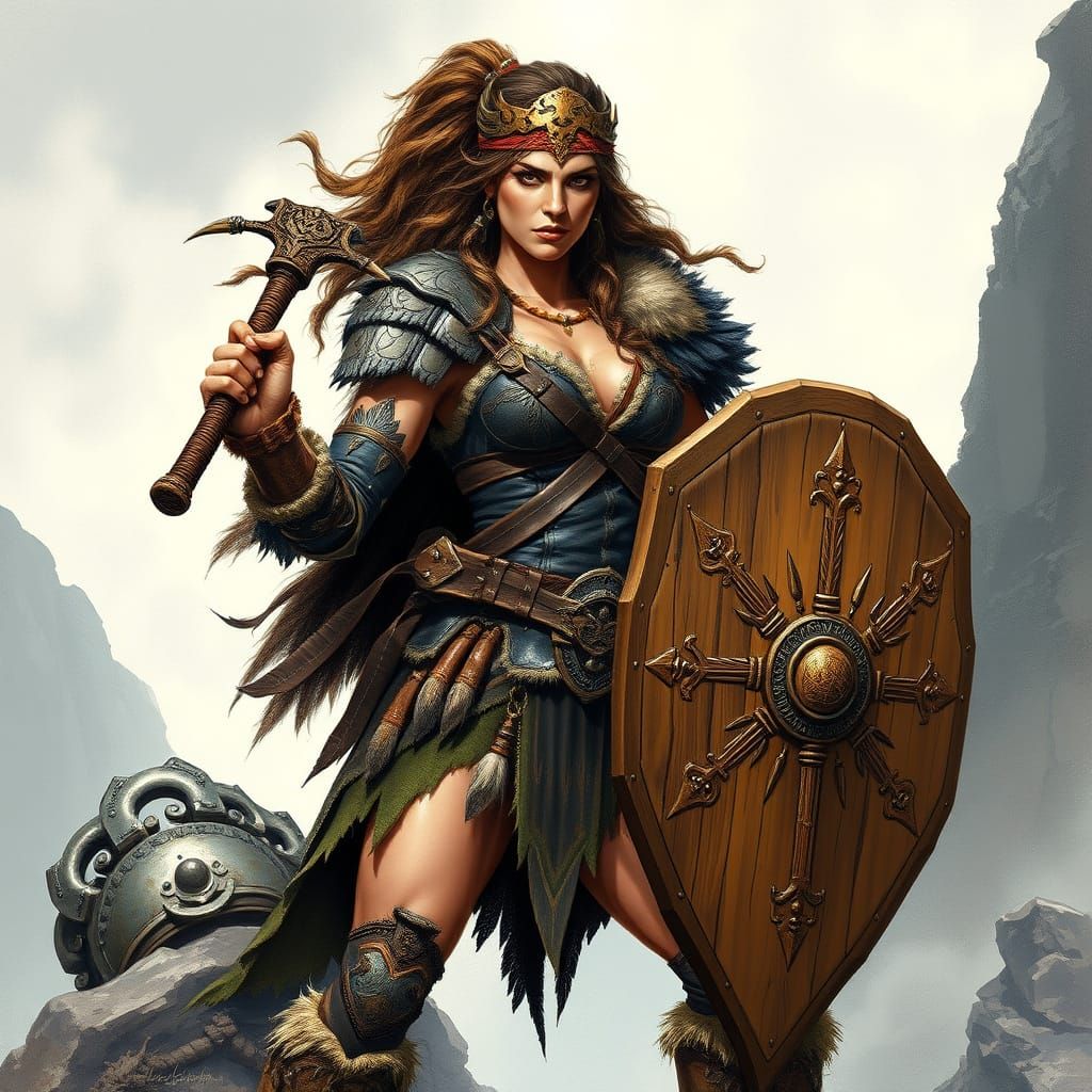 Barbarian Warrior Woman with Hand Axe and Shield in Dark Fan...