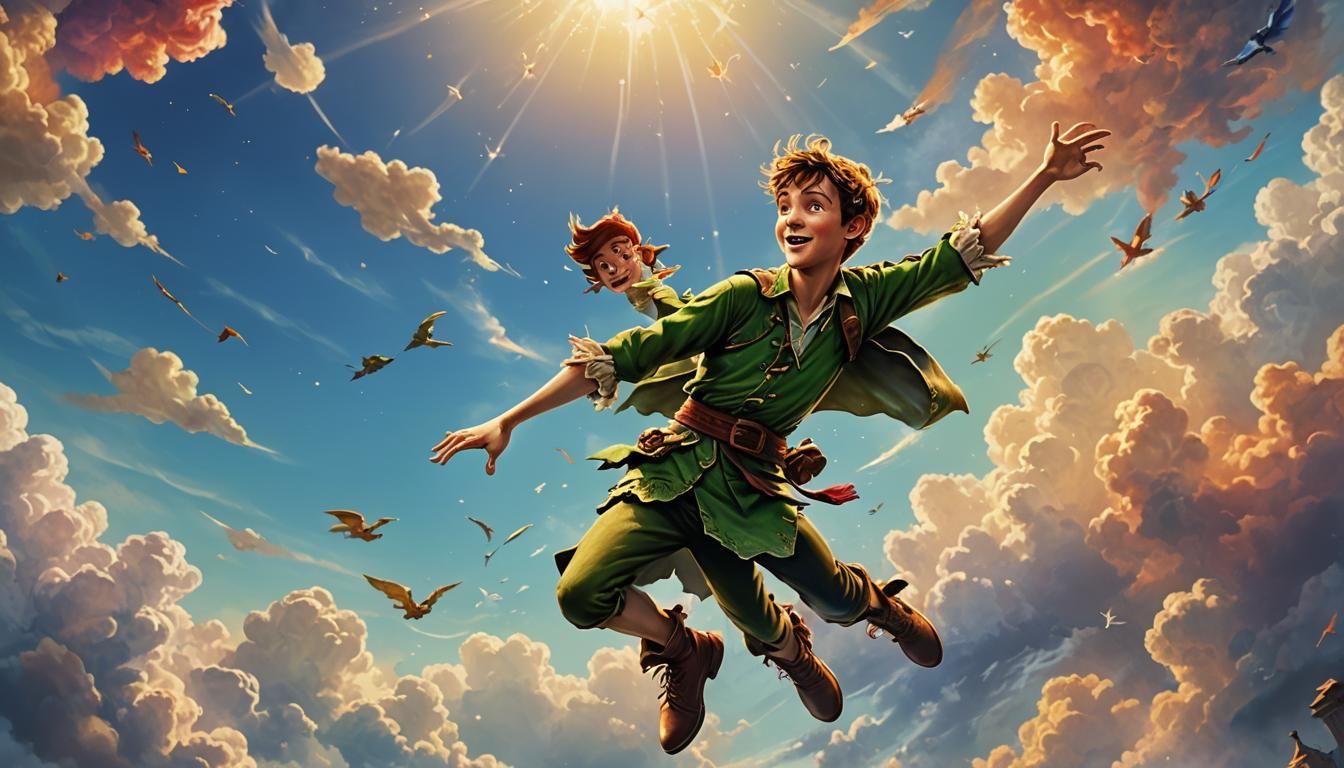 Hyperrealistic Peter Pan Soaring in Colorful Sky
