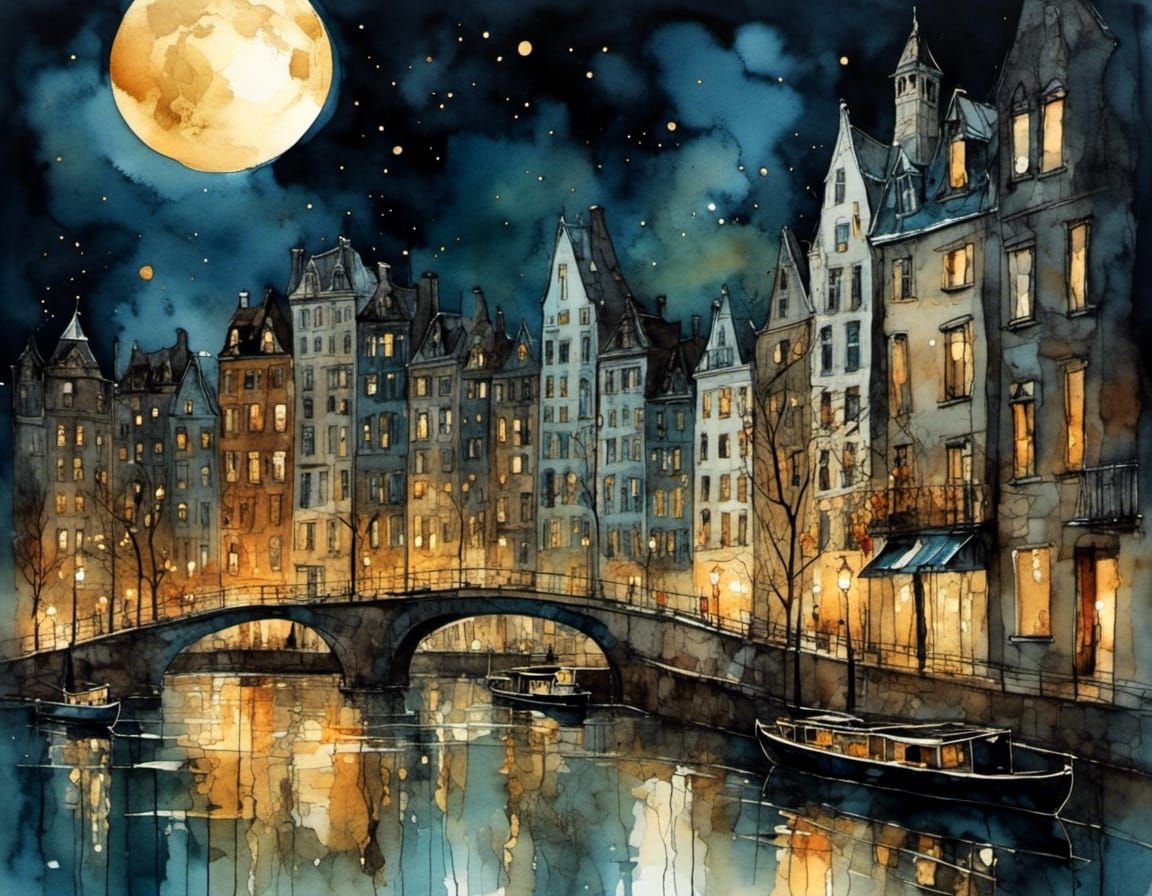 City at Night: Watercolor and Gold Leaf Illustration