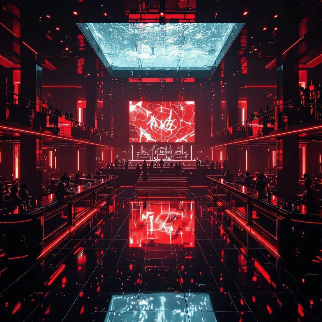 Hell-Inspired Nightclub with Red Neon and Glass Pool