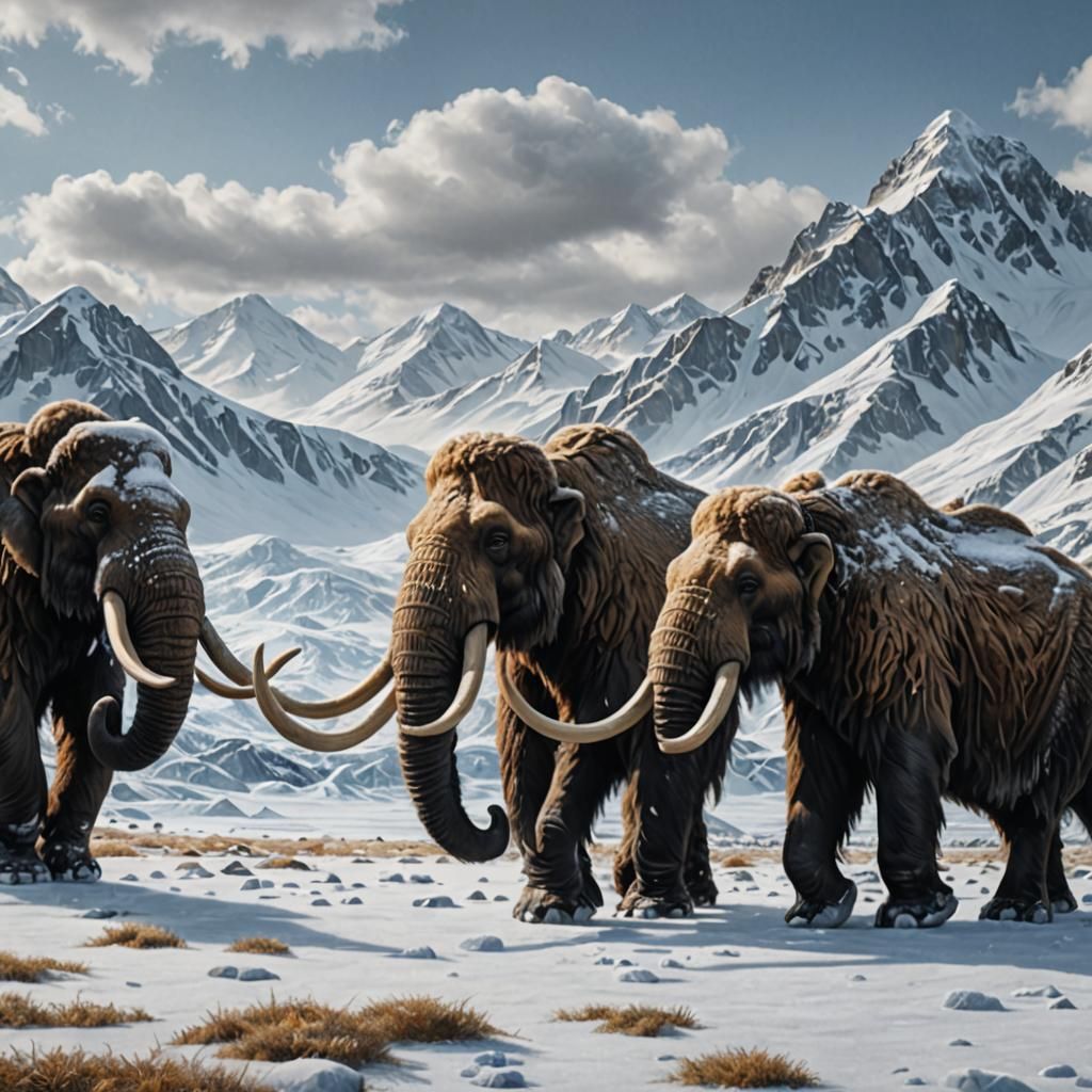 Woolly Mammoths Cross Frozen Tundra: Photorealism