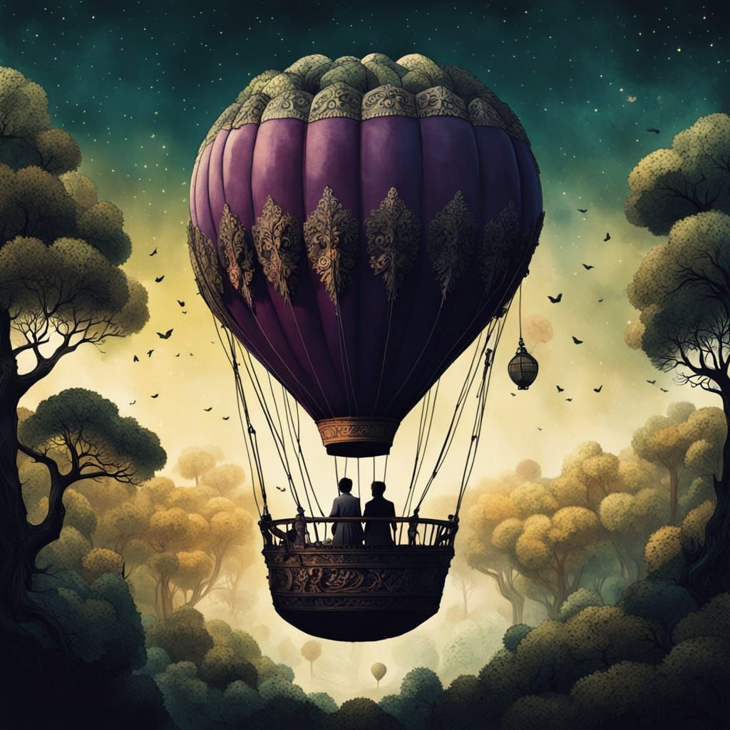 Grape Hot Air Balloon Descending into Forest, Maximalist Art