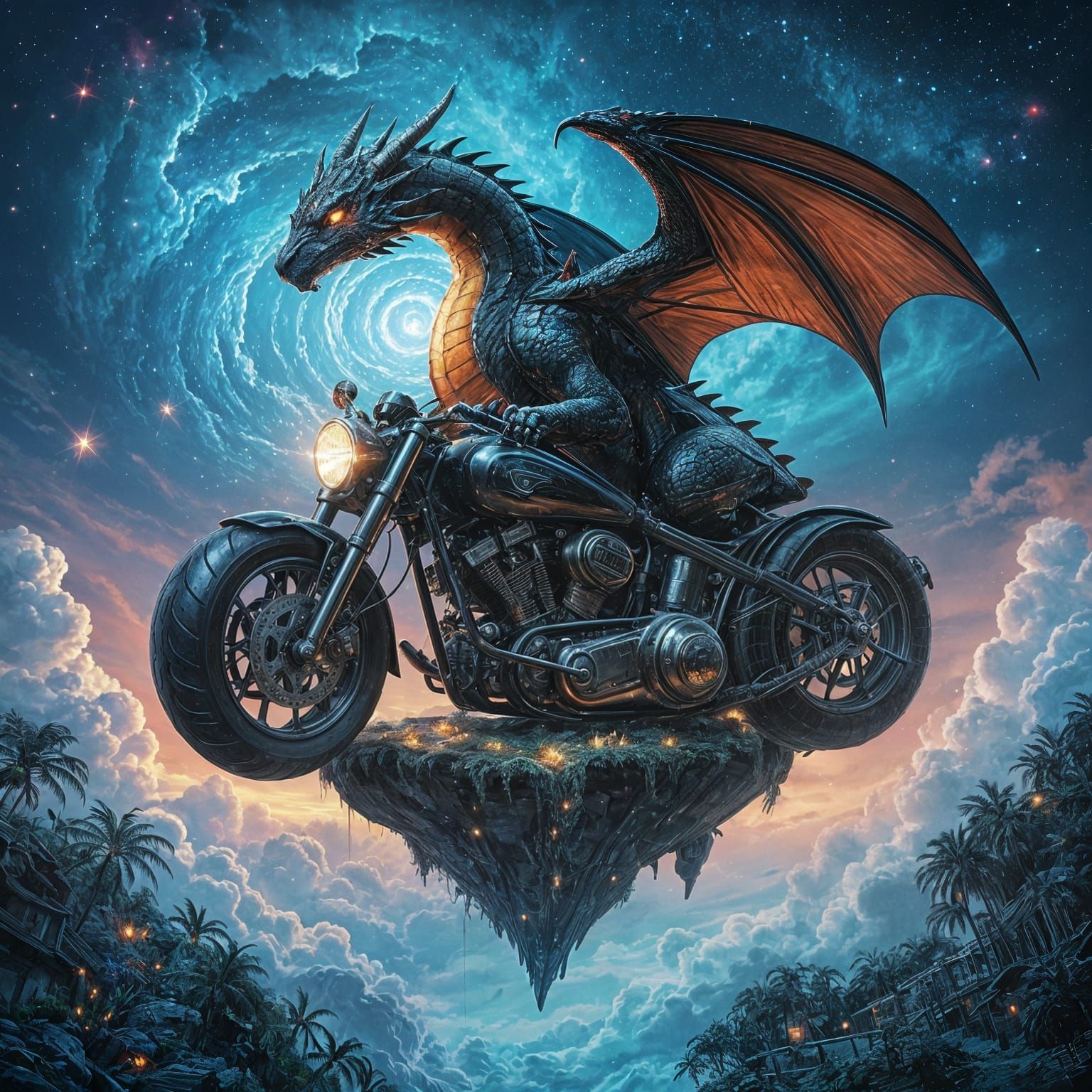 Obsidian Dragon on Floating Motorcycle Island in Nebula