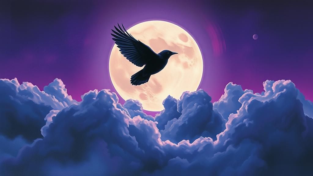 Iridescent Blackbird Soaring Through Moonlit Sky