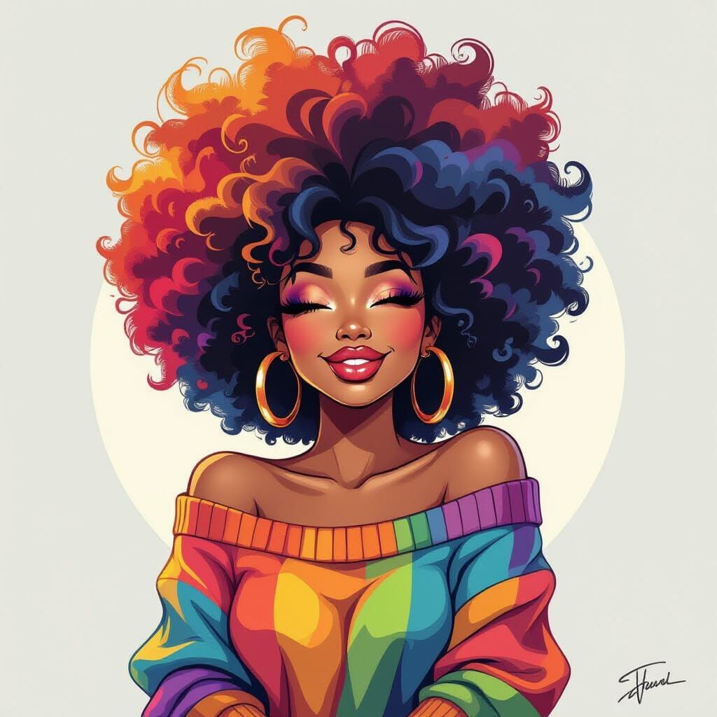 Playful Woman with Voluminous Afro in Vibrant Caricature Sty...