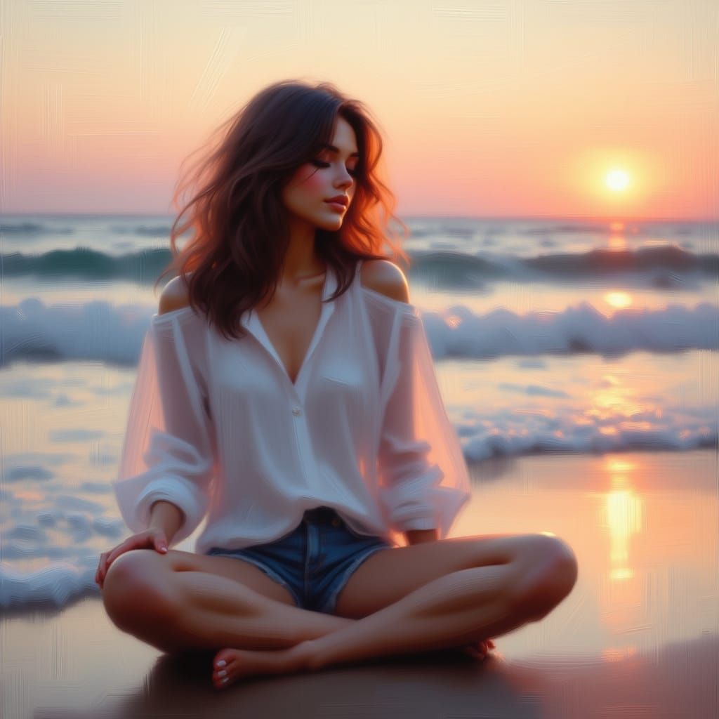 Contemplative Woman Meditates on Beach at Sunrise