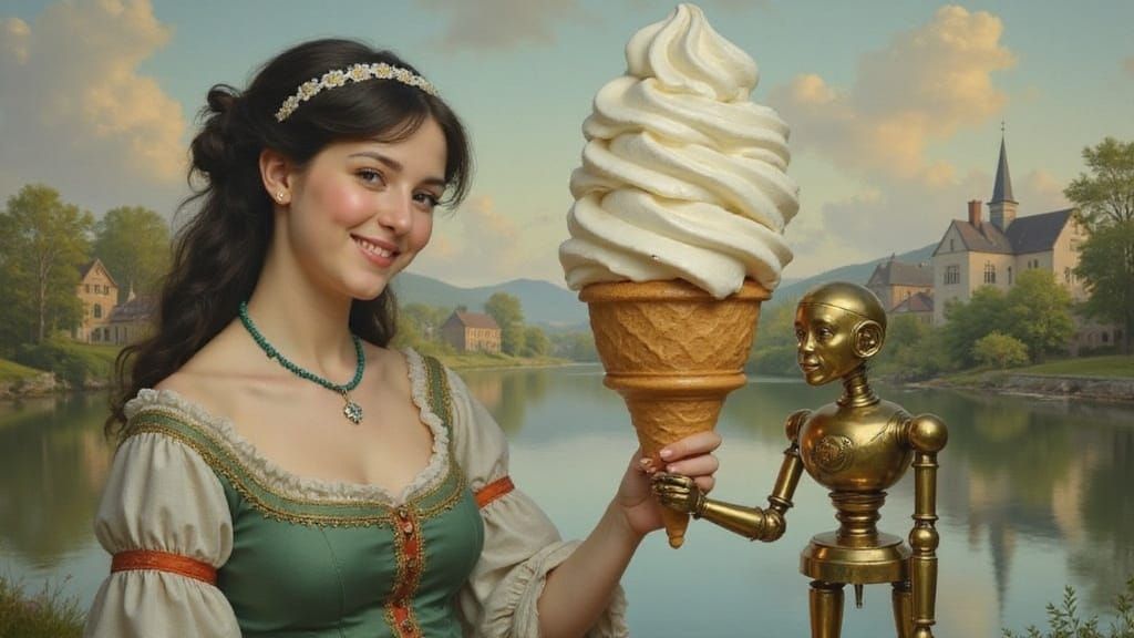 Georgian Woman Receives Ice Cream from Brass Robot by Lake