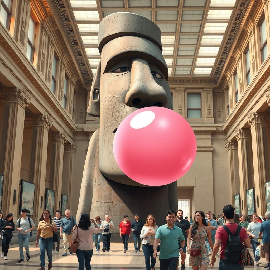 Moai Statue Smiles with Whimsical Pink Gum Bubble in Museum