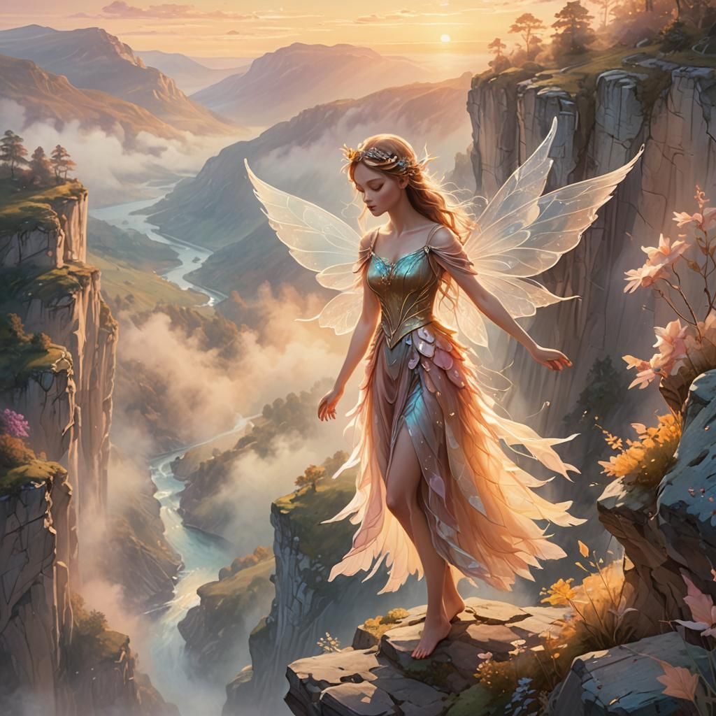 Fairy on Cliff at Sunrise: Whimsical Illustration