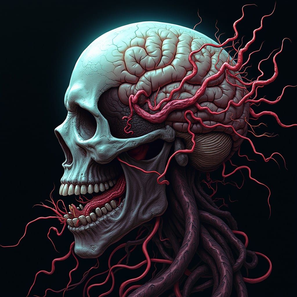 Hyper-Detailed, Bio-Luminescent Brain Illustration in Dark S...