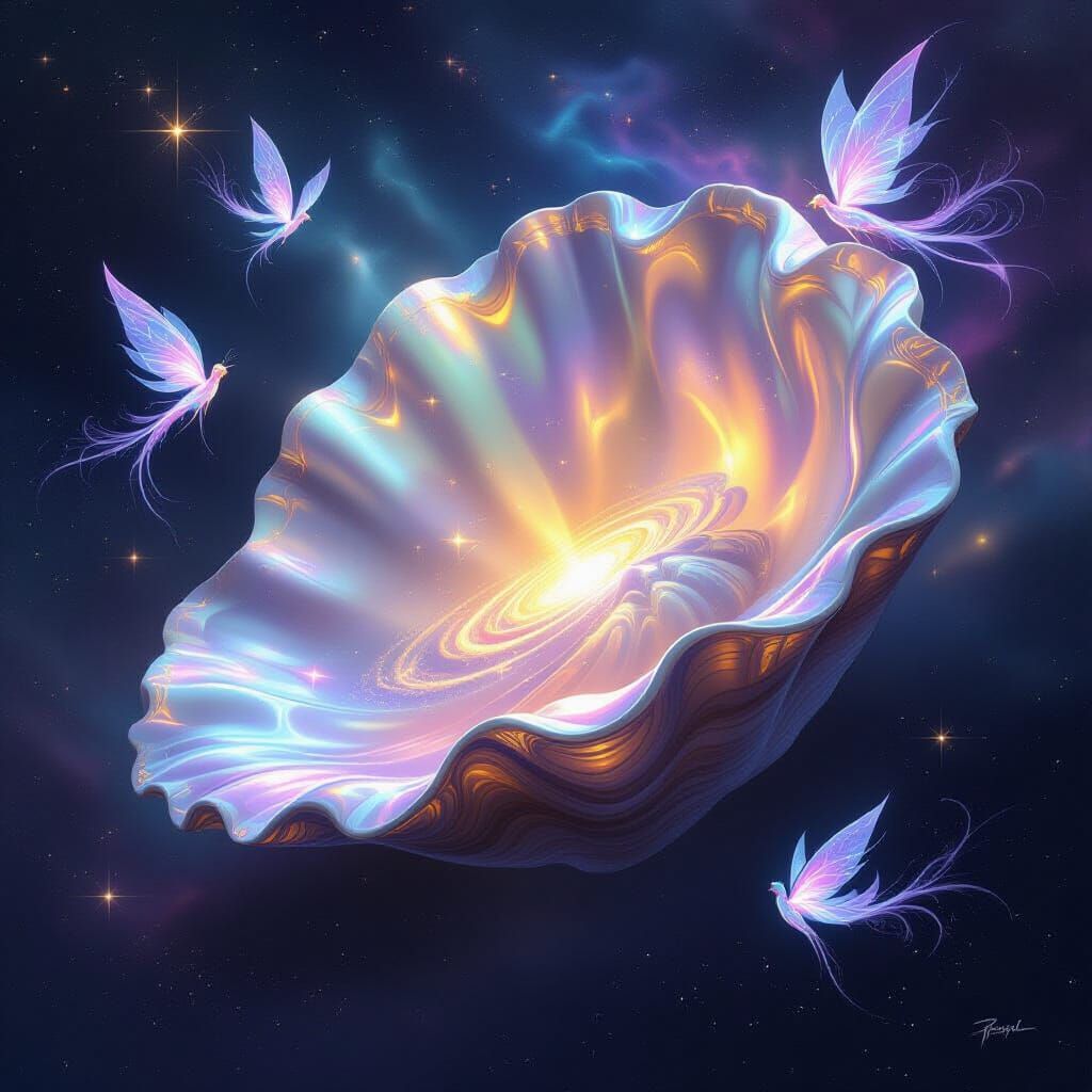 Cosmic Seashell Nebula Art with Ethereal Creatures