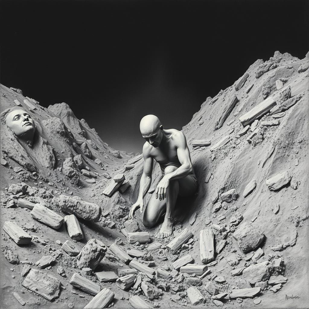 Figure in Clay: Dark Realism Charcoal Drawing