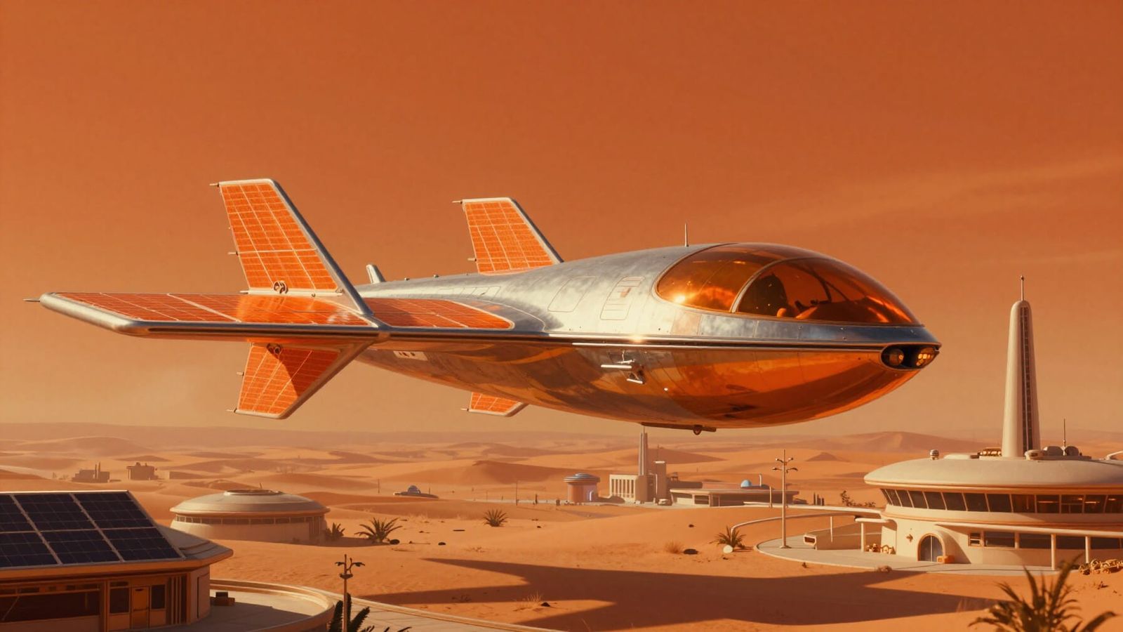 Retro-Futuristic Solar Cruiser Above Orange Desert City
