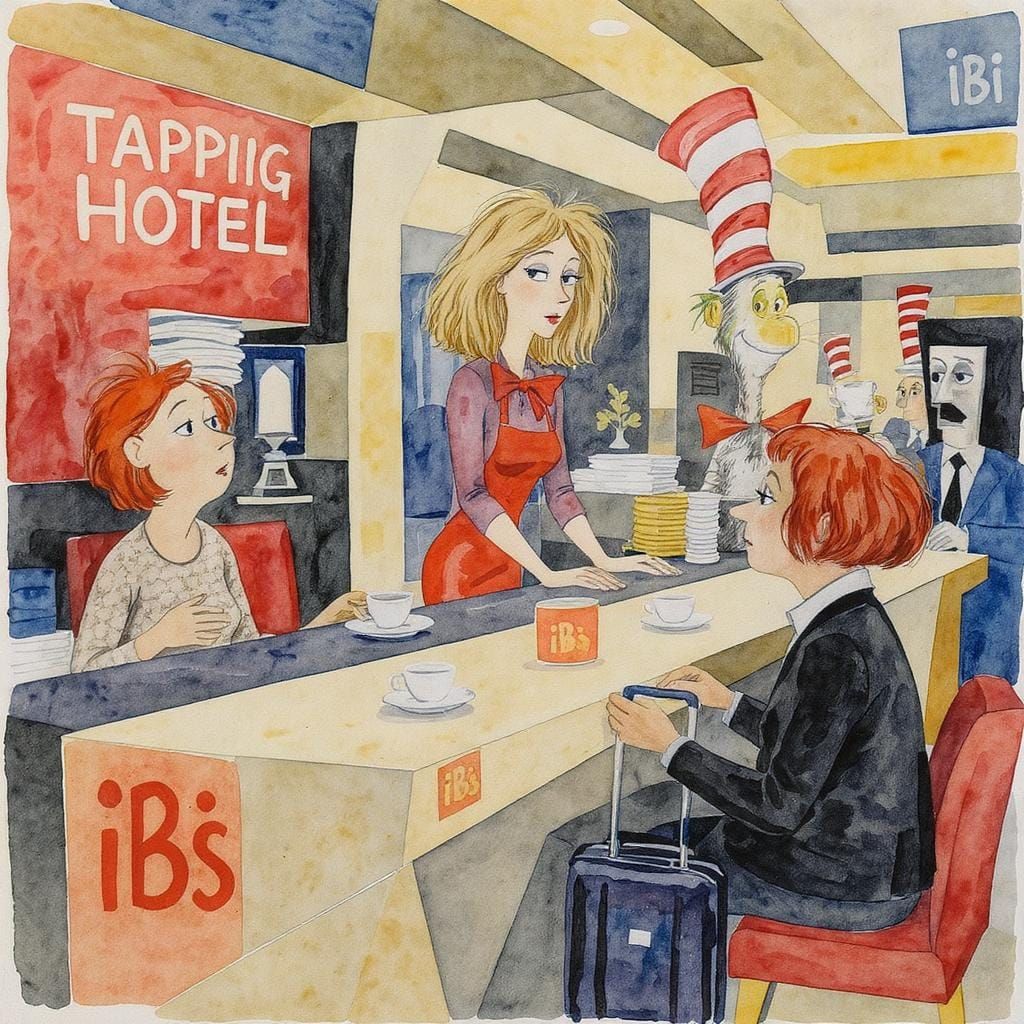 Cubist Hotel Reception Scene in Watercolor