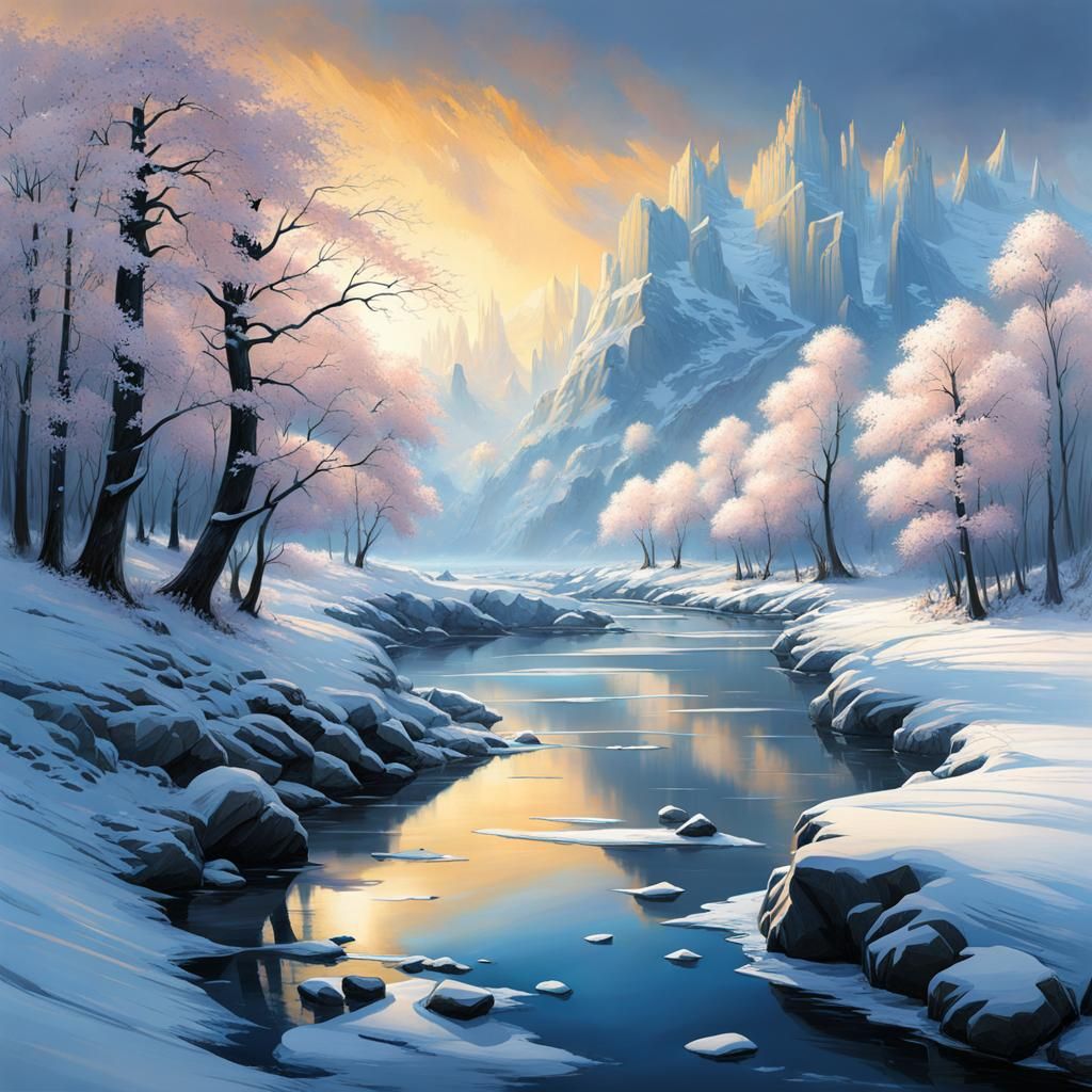Icy River Through Snowy Forest: Fantasy Landscape